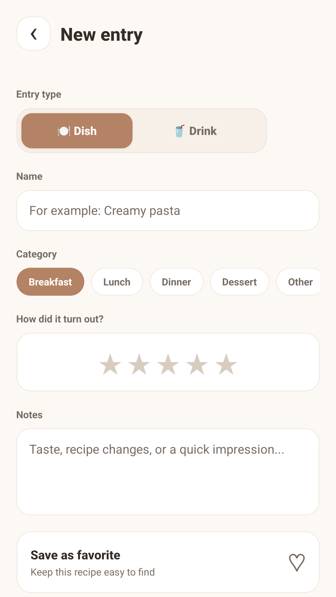 White Plate Journal new entry screen